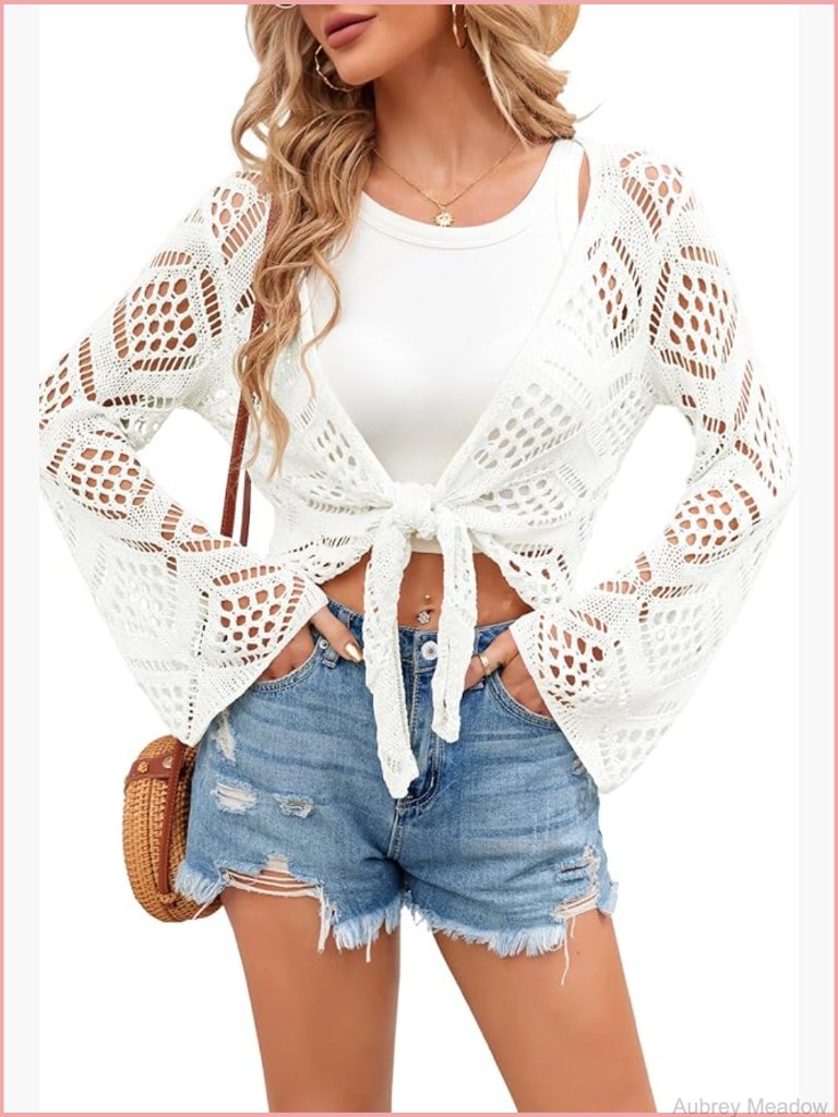 Crochet Tie Front Cardigan Bell Long Sleeve Lightweight Knit Crop Top